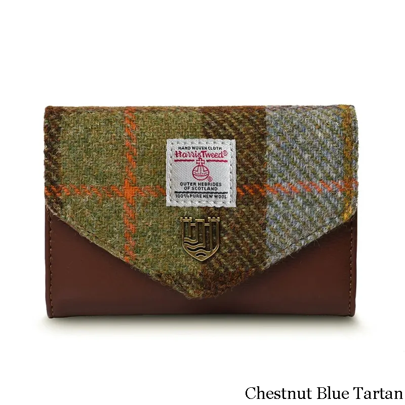 B40251 CHETNUT BLUE TARTAN Colour Handwoven Small Women's Harris Tweed Wallet Gaelsong