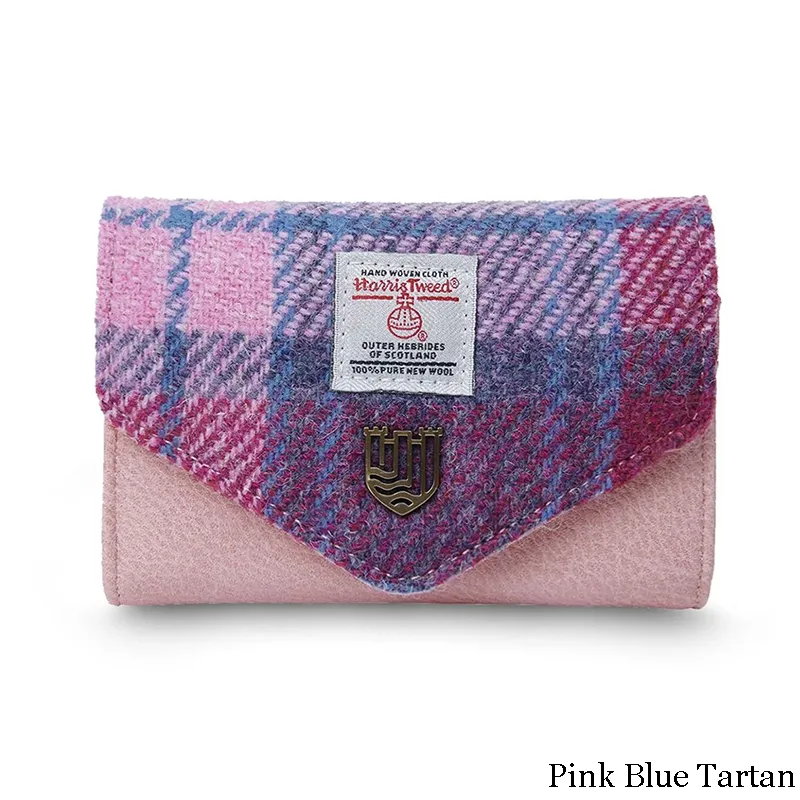 B40251 PINK BLUE TARTAN Colour Handwoven Small Women's Harris Tweed Wallet Gaelsong