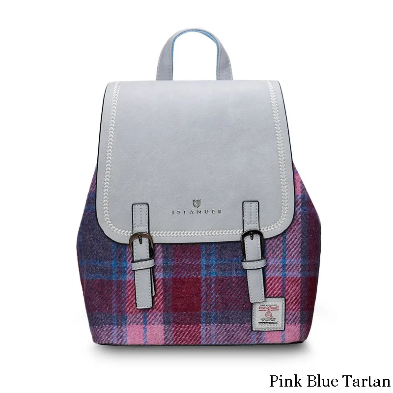 B40252 PINK BLUE TARTAN Colour Ladies Harris Tweed Jura Backpack Gaelsong