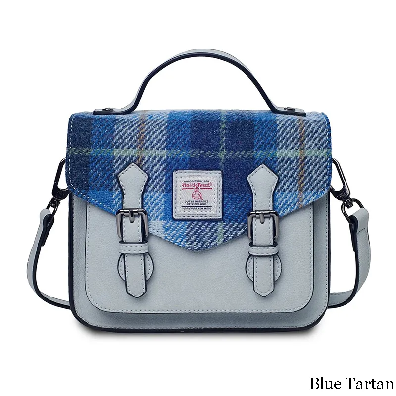 B40253 BLUE TARTAN Colour Handwoven Harris Tweed Satchel Bags Gaelsong
