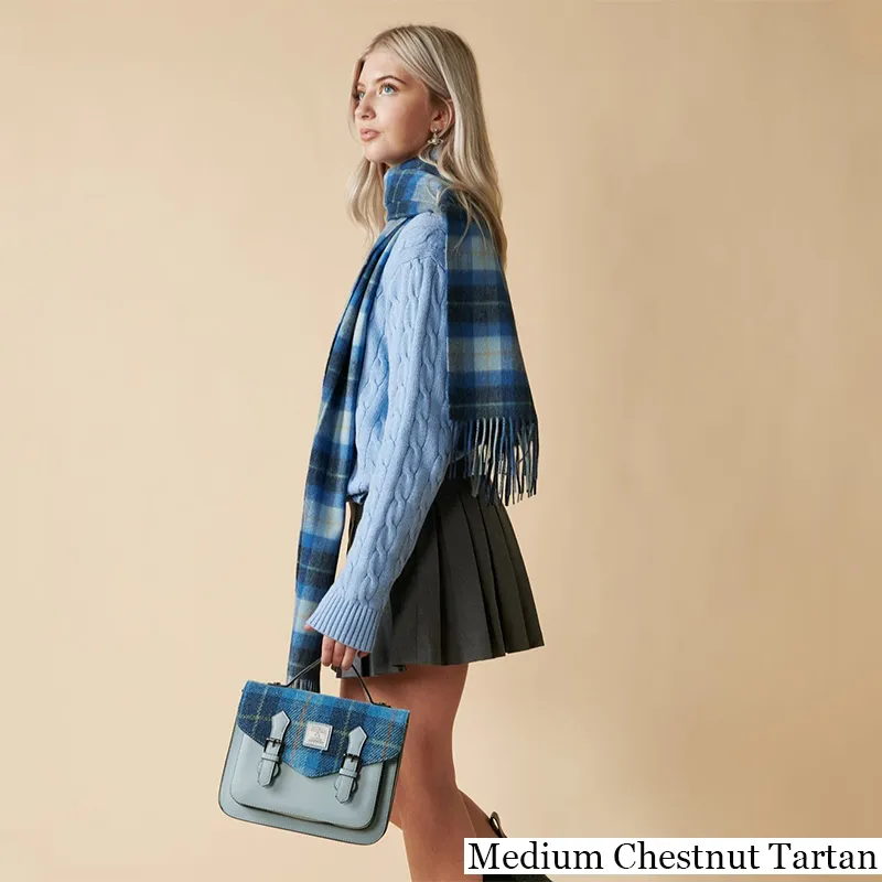 B40253 MEDIUM BLUE TARTAN Colour Handwoven Harris Tweed Satchel Bags Lifestyle Gaelsong