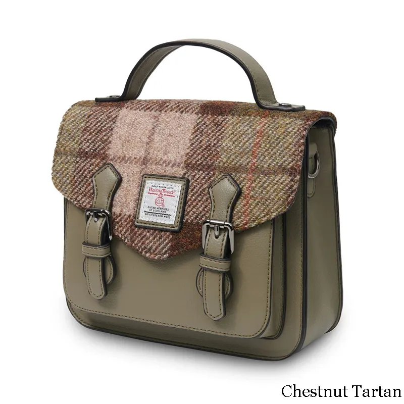 B40253 CHESTNUT TARTAN Colour Handwoven Harris Tweed Satchel Bags Side View Gaelsong