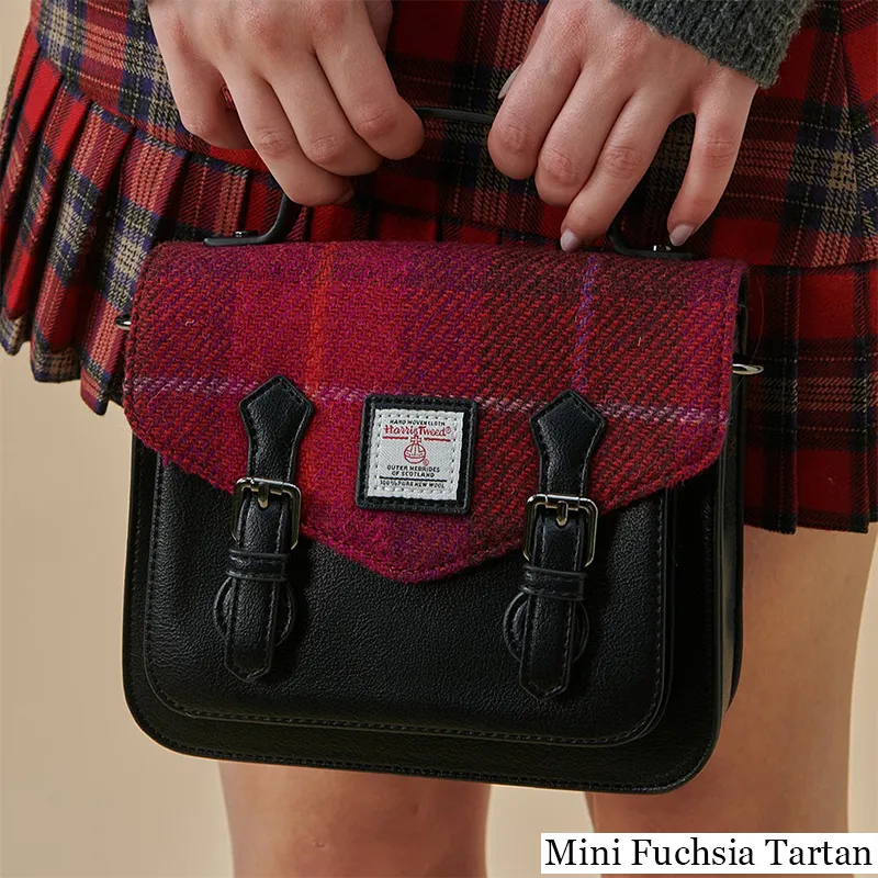 B40253 MEDIUM FUCHSIA TARTAN Colour Handwoven Harris Tweed Satchel Bags Closeup View Gaelsong