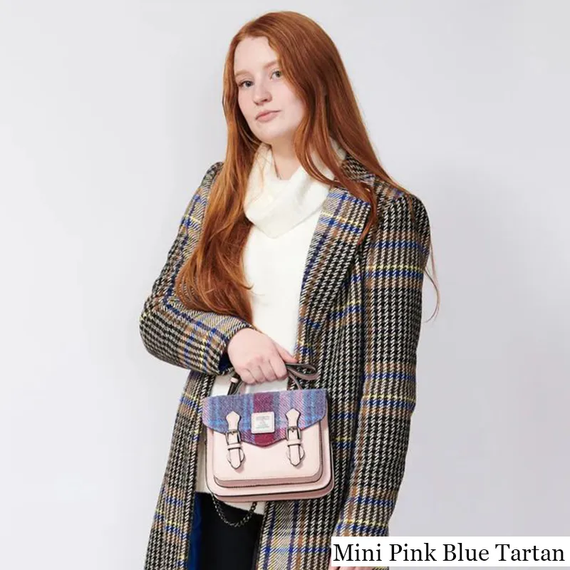 B40253 PINK BLUE TARTAN Colour MINI Version Handwoven Harris Tweed Satchel Bags Gaelsong