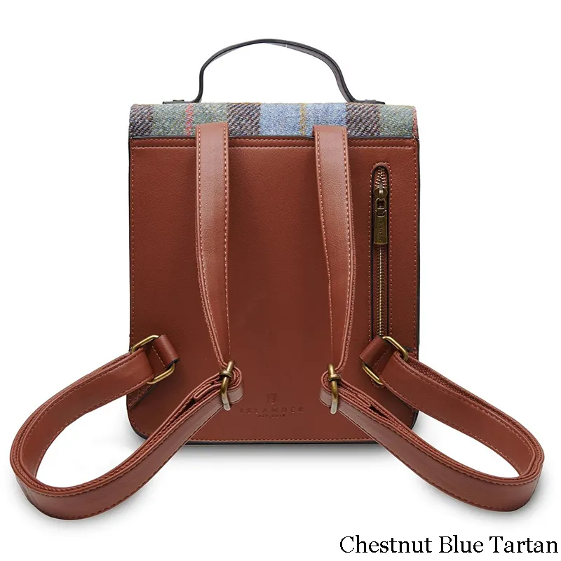 B40255 CHESTNUT BLUE TARTAN Colour  Ladies Handwoven Scottish Harris Tweed Backpack Back Side View Gaelsong
