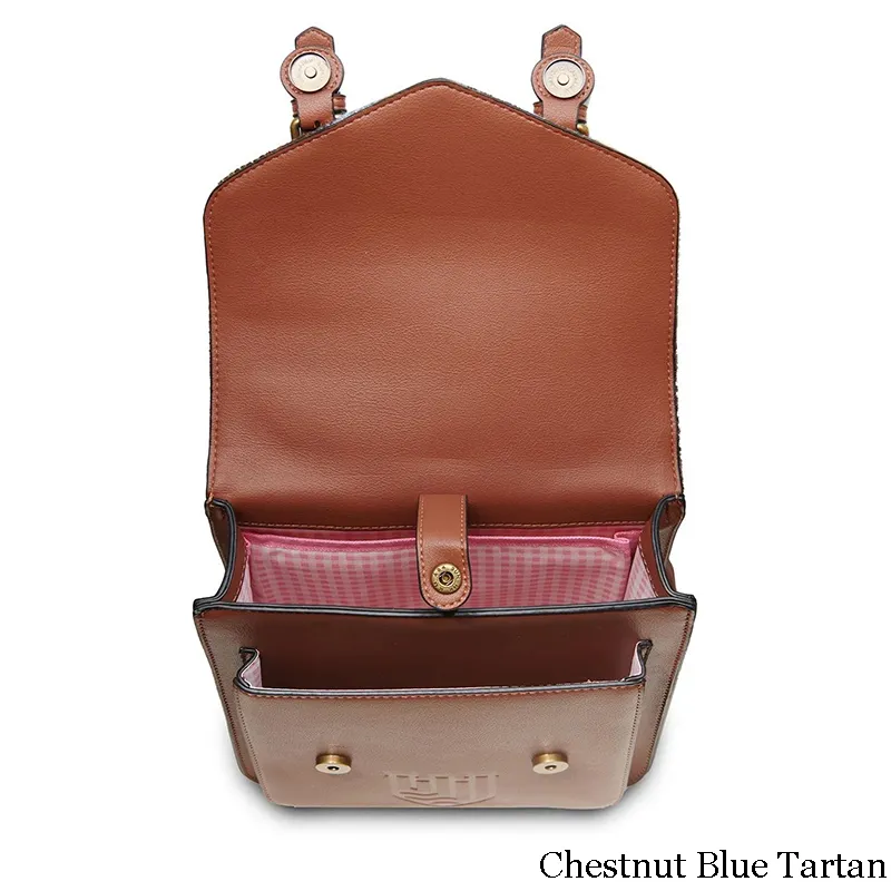 B40255 CHESTNUT BLUE TARTAN Colour  Ladies Handwoven Scottish Harris Tweed Backpack Inside Compartments Gaelsong