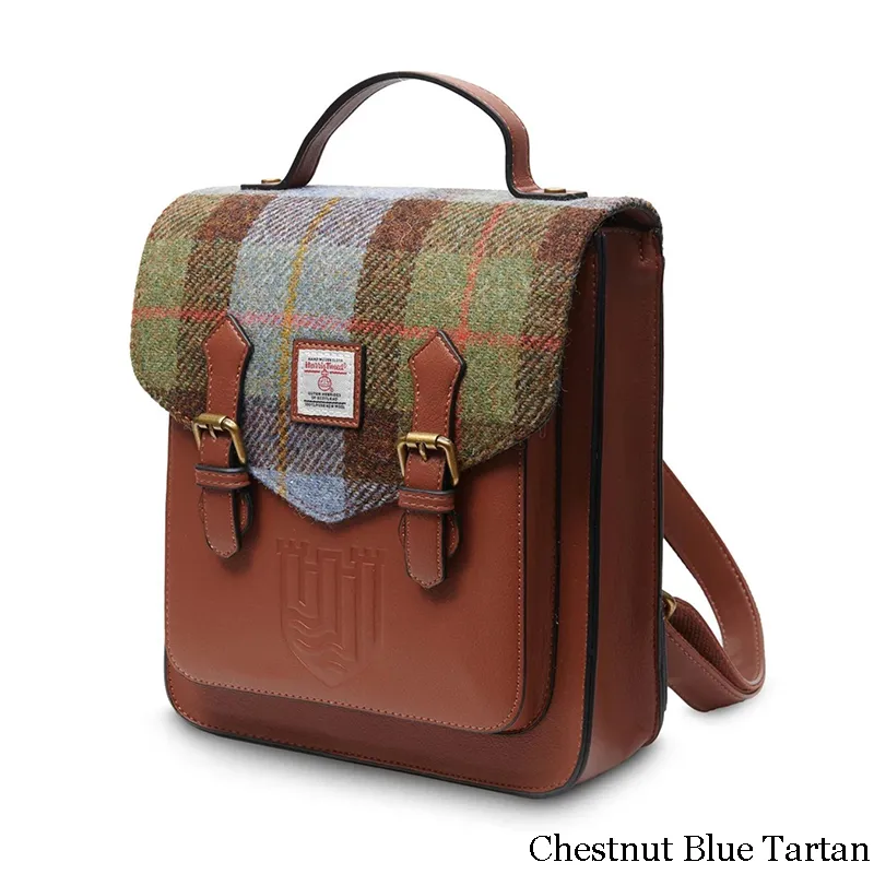 B40255 CHESTNUT BLUE TARTAN Colour  Ladies Handwoven Scottish Harris Tweed Backpack Side View Gaelsong
