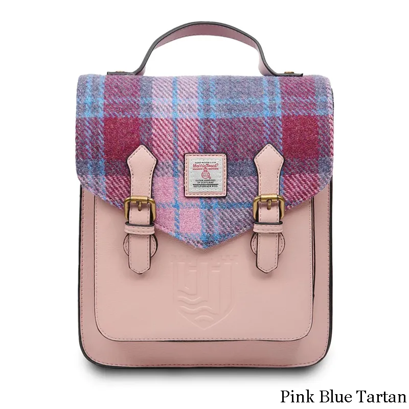 B40255 PINK BLUE TARTAN Colour  Ladies Handwoven Scottish Harris Tweed Backpack Gaelsong