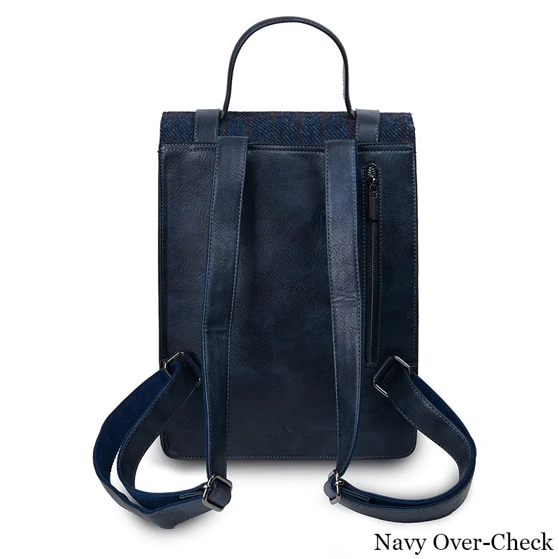 B40273 MEDIUM NAVY OVER-CHECK Colour Handmade Ladies Harris Tweed Crossbody Bag Back Side View Pocket Gaelsong