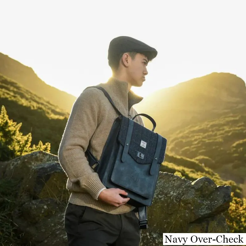 B40256 NAVY-OVERCHECK Colour Authentic Harris Tweed Highland Backpack Lifestyle Gaelsong