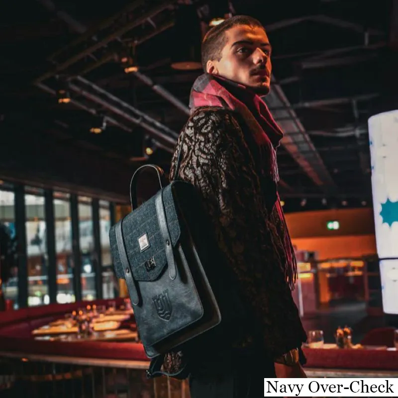 B40256 NAVY-OVERCHECK Colour Authentic Harris Tweed Highland Backpack Lifestyle Gaelsong