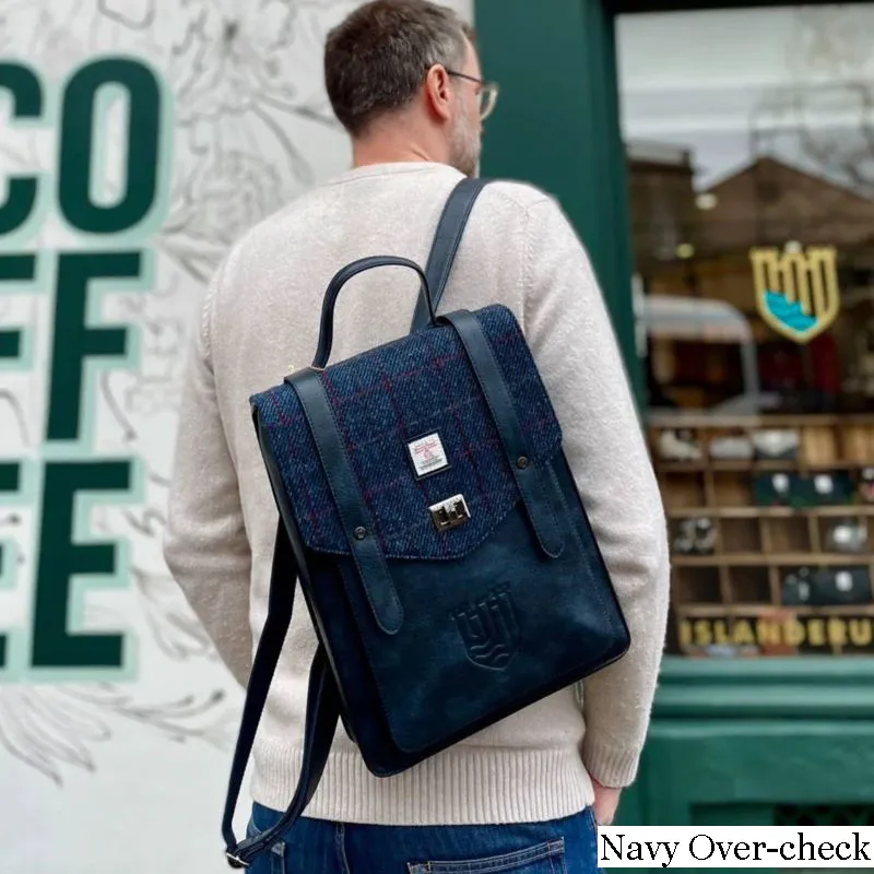 B40256 NAVY OVERCHECK Colour Authentic Harris Tweed Highland Backpack Lifestyle Gaelsong