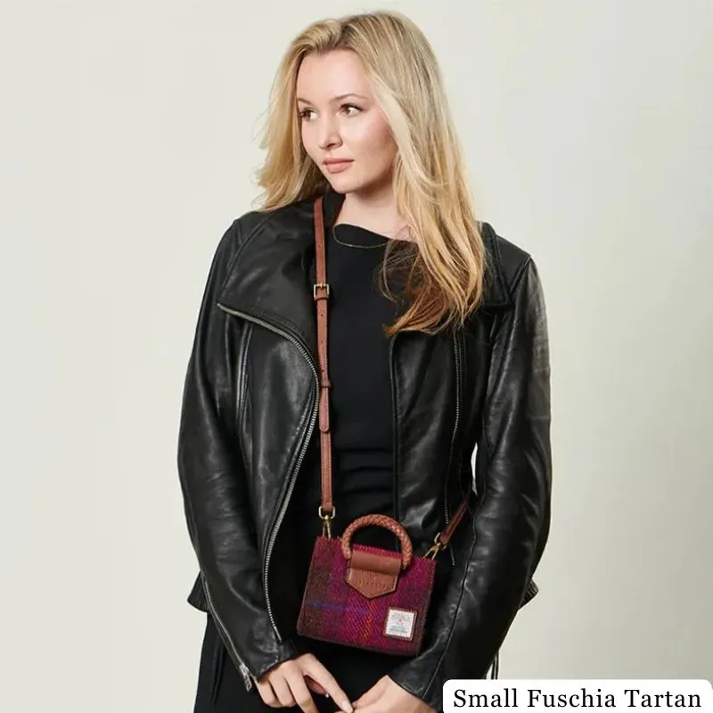 B40257 SMALL FUCHSIA TARTAN Colour Handcrafted Harris Tweed Midi Tote Bag Lifestyle Gaelsong