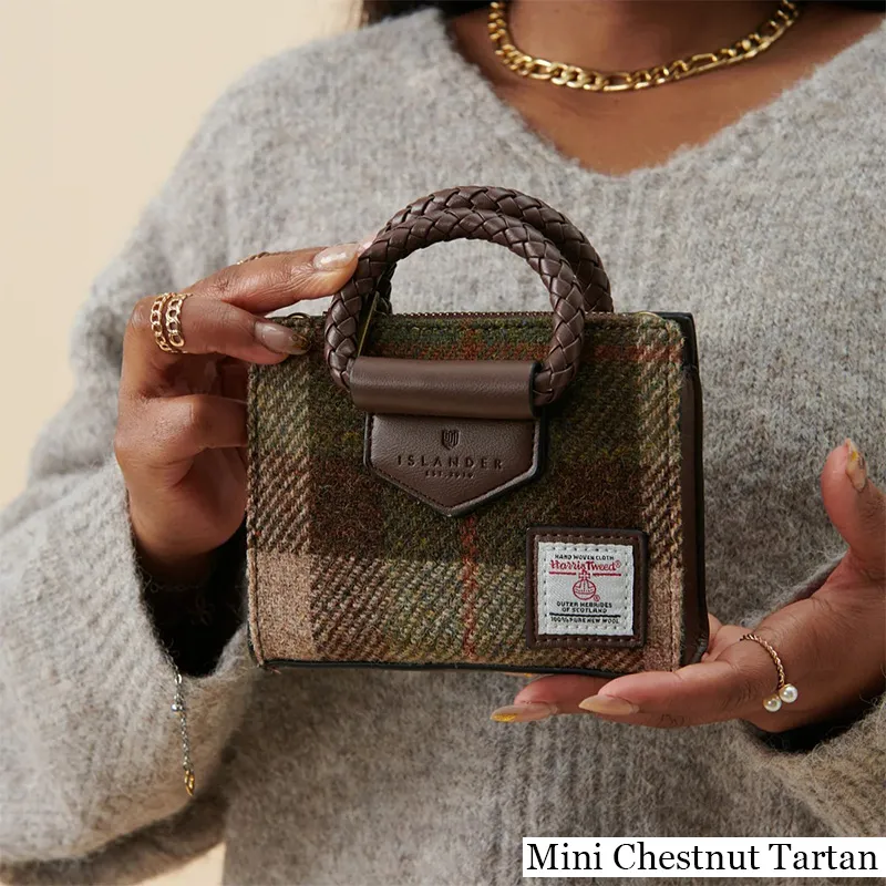 B40257 MINI CHESTNUT Colour Handcrafted Harris Tweed Midi Tote Bag Lifestyle Closeup View  Gaelsong