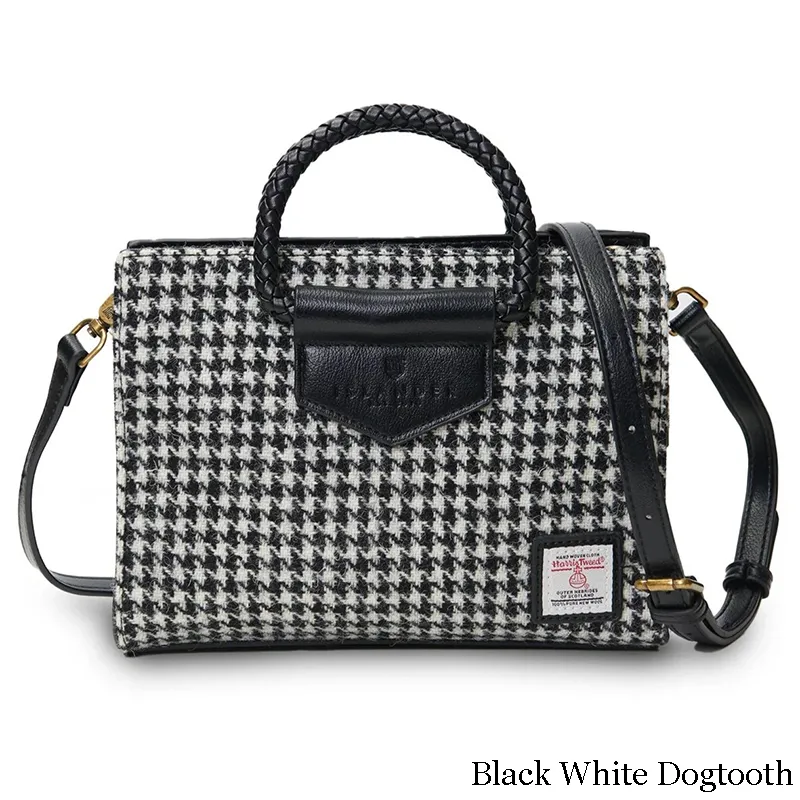 B40257 BLACK and WHITE DOGTOOTH Colour Handcrafted Harris Tweed Midi Tote Bag Gaelsong