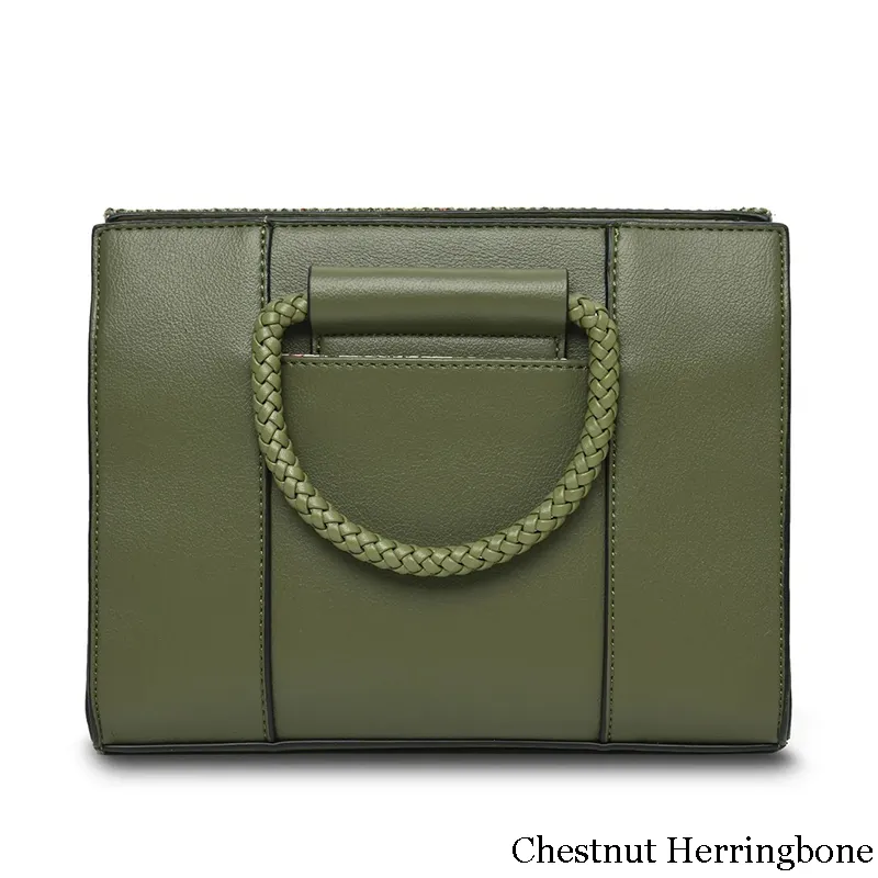 B40257 CHESTNUT HERRINGBONE Colour Handcrafted Harris Tweed Midi Tote Bag Back Side View Gaelsong