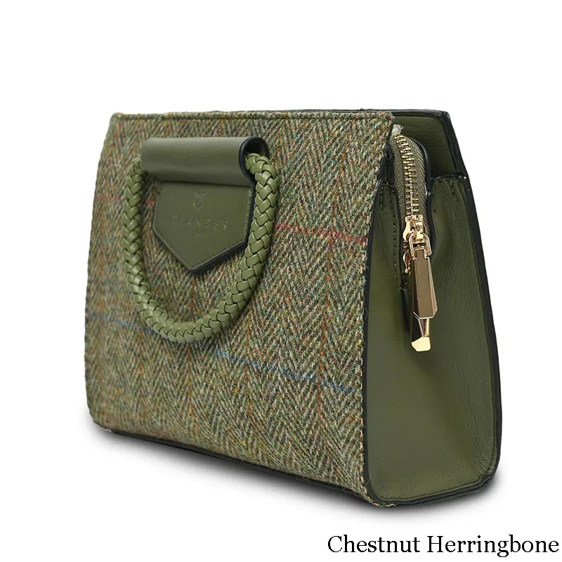 B40257 CHESTNUT HERRINGBONE Colour Handcrafted Harris Tweed Midi Tote Bag Side View Gaelsong