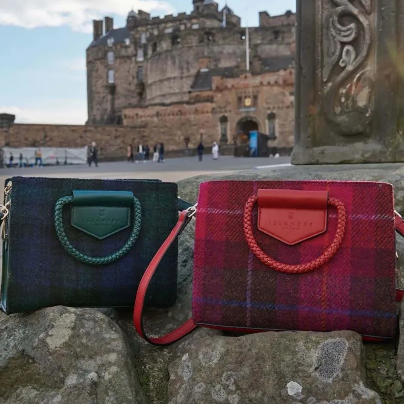 B40257 FUCHSIA and BLACKWATCH TARTAN Colour Handcrafted Harris Tweed Midi Tote Bag Lifestyle Gaelsong