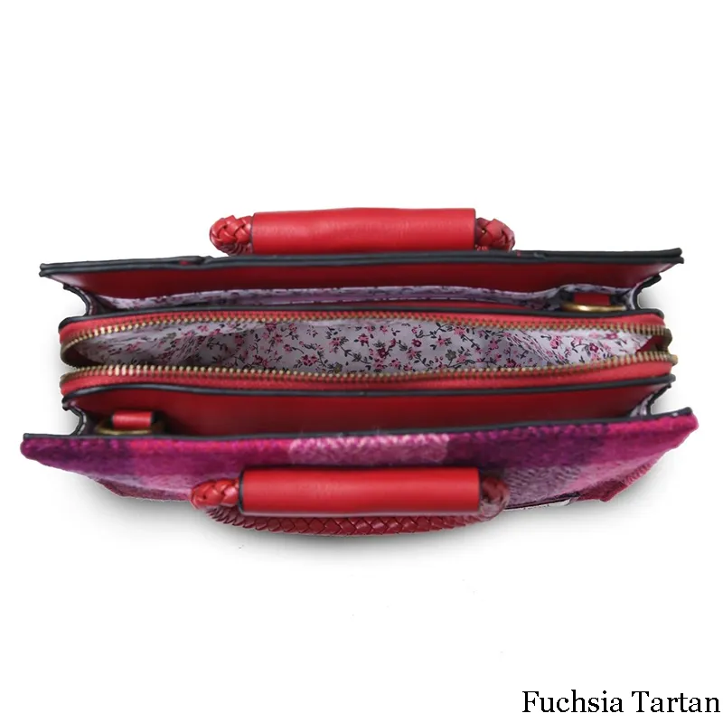 B40257 FUCHSIA TARTAN Colour Handcrafted Harris Tweed Midi Tote Bag Inside View Compartments Gaelsong