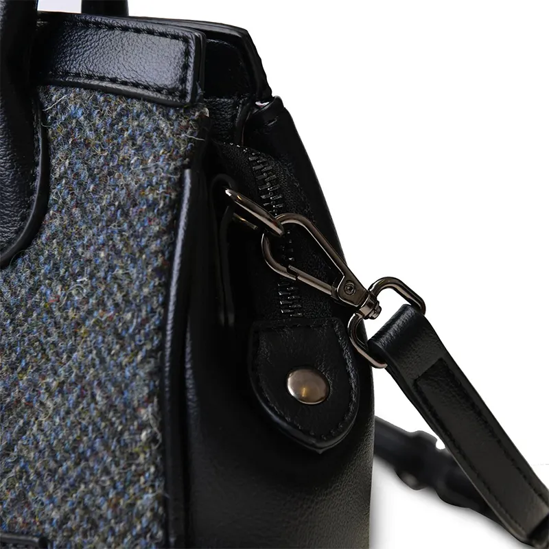 B40258 BLACK GREY HRB Authentic Harris Tweed Small Tote Bag Detachable Strap Gaelsong