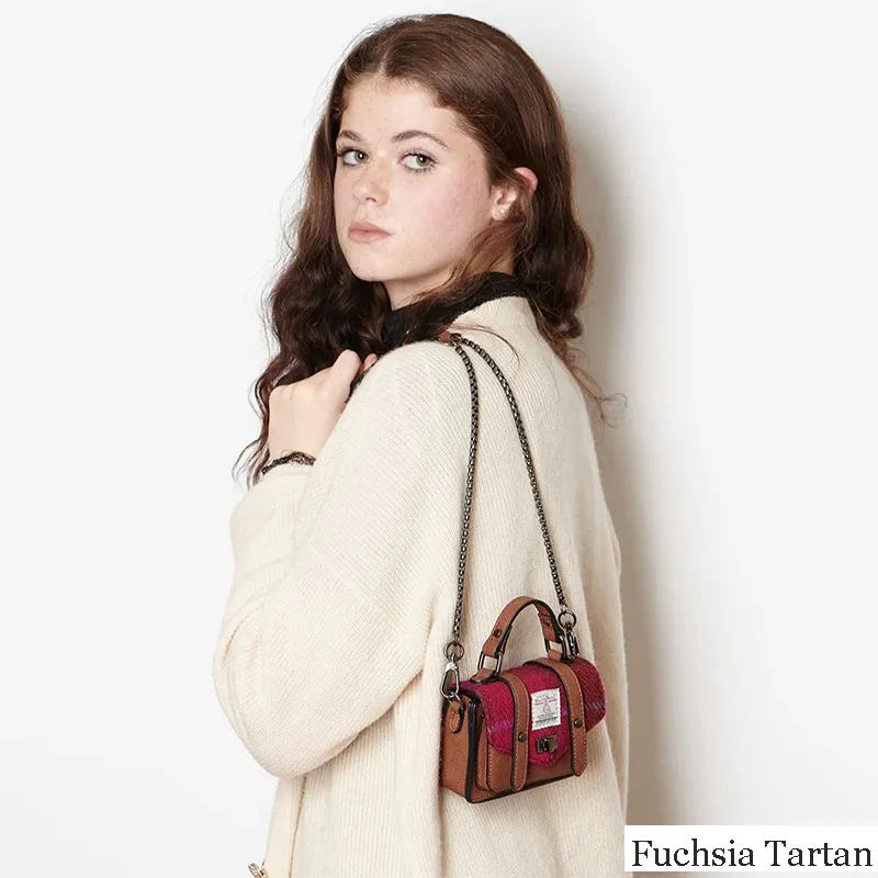 B40259 FUCHSIA Colour Genuine Harris Tweed Small Satchel Metalic Strap Gaelsong