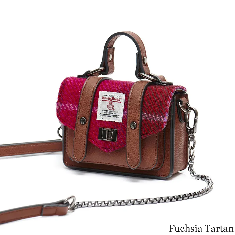 B40259 FUCHSIA Colour Genuine Harris Tweed Small Satchel Side View Gaelsong