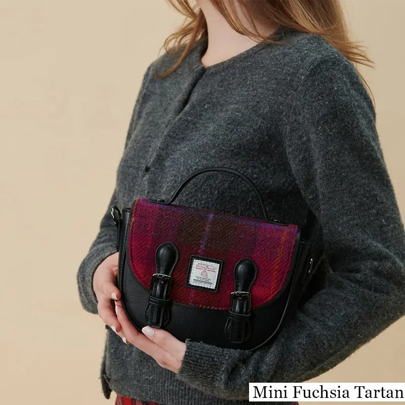 B40261 MINI FUCHSIA Colour Handcrafted Harris Tweed Women's Satchel Purse Lifestyle Closeup View Gaelsong