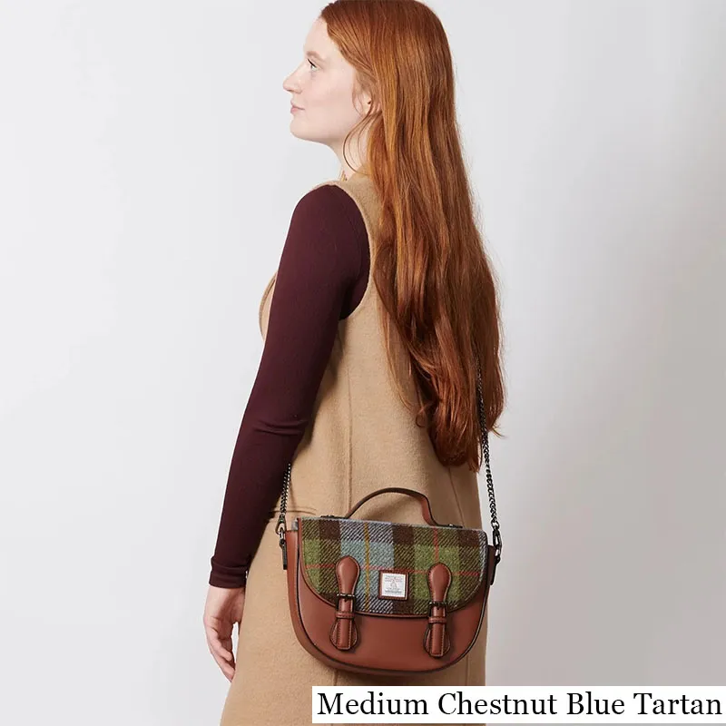 B40261 MEDIUM CHESTNUT BLUE Handcrafted Harris Tweed Women's Satchel Purse Lifestyle Gaelsong