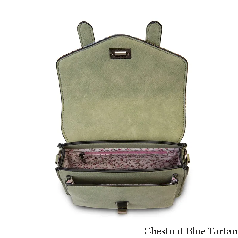 B40263 CHESTNUT BLUE Colour Handcrafted Harris Tweed Small Satchel Purse Inside View Gaelsong