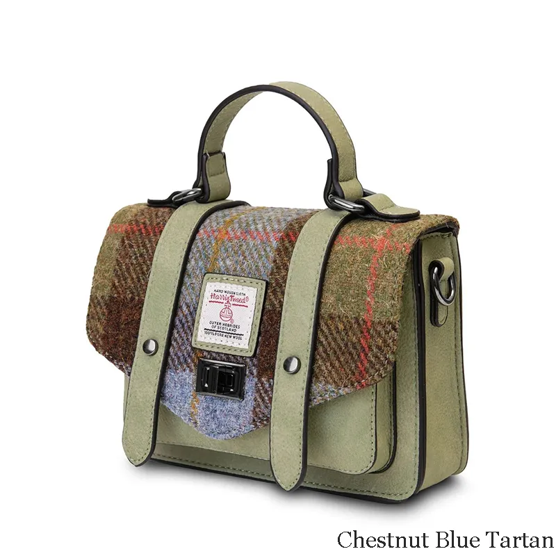 B40263 CHESTNUT BLUE Colour Handcrafted Harris Tweed Small Satchel Purse Side View Gaelsong