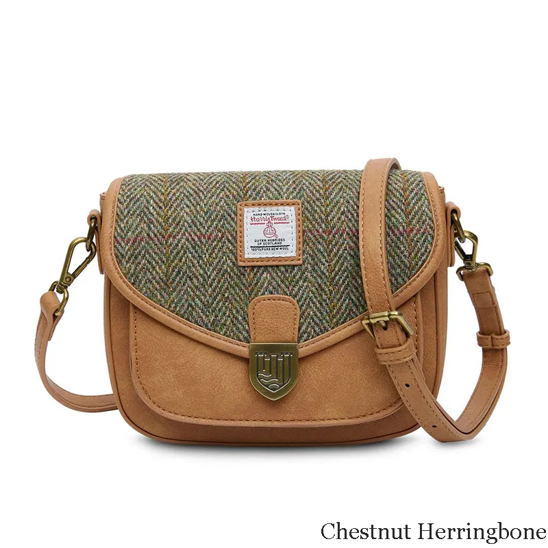 B40265 CHESTNUT HERRINGBONE Colour Authentic Handwoven Harris Tweed Saddle Bag Gaelsong