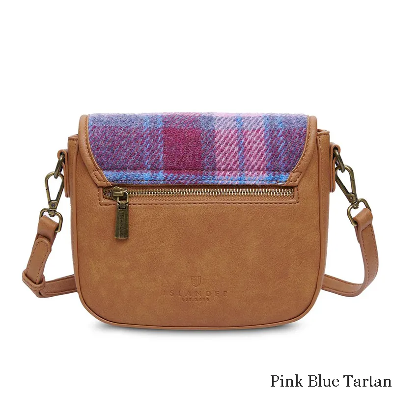 B40265 PINK BLUE Colour Authentic Handwoven Harris Tweed Saddle Bag Back Side View Gaelsong