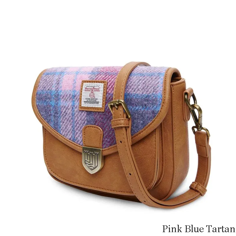 B40265 PINK BLUE Colour Authentic Handwoven Harris Tweed Saddle Bag Side View Gaelsong