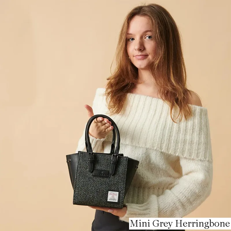 B40266 MINI GREY HERRINGBONE Colour Handcrafted Harris Tweed Callie Tote Bag Lifestyle Extended View  Gaelsong