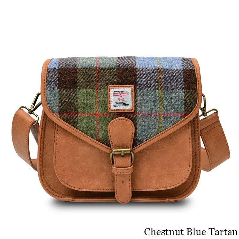 B40268 Chestnut Blue Tartan Colour Handcrafted Harris Tweed Saddle Bag Gaelsong