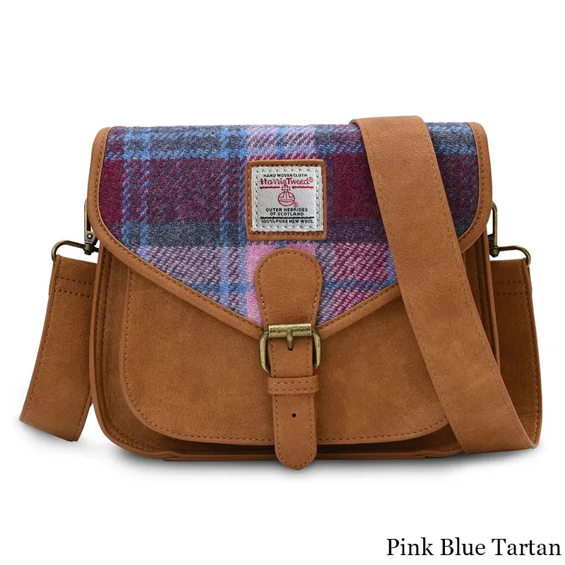 B40268 Pink Blue Tartan Colour Handcrafted Harris Tweed Saddle Bag Gaelsong