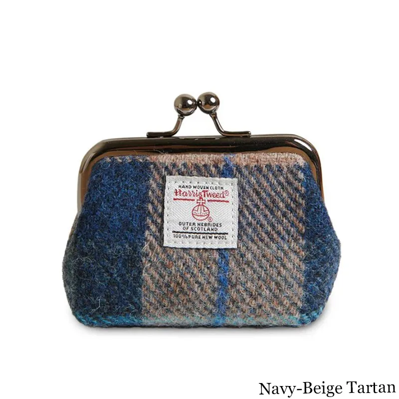 B40272 NAVY-BEIGE TARTAN Colour Handwoven Harris Tweed Zip Card Wallet Gaelsong