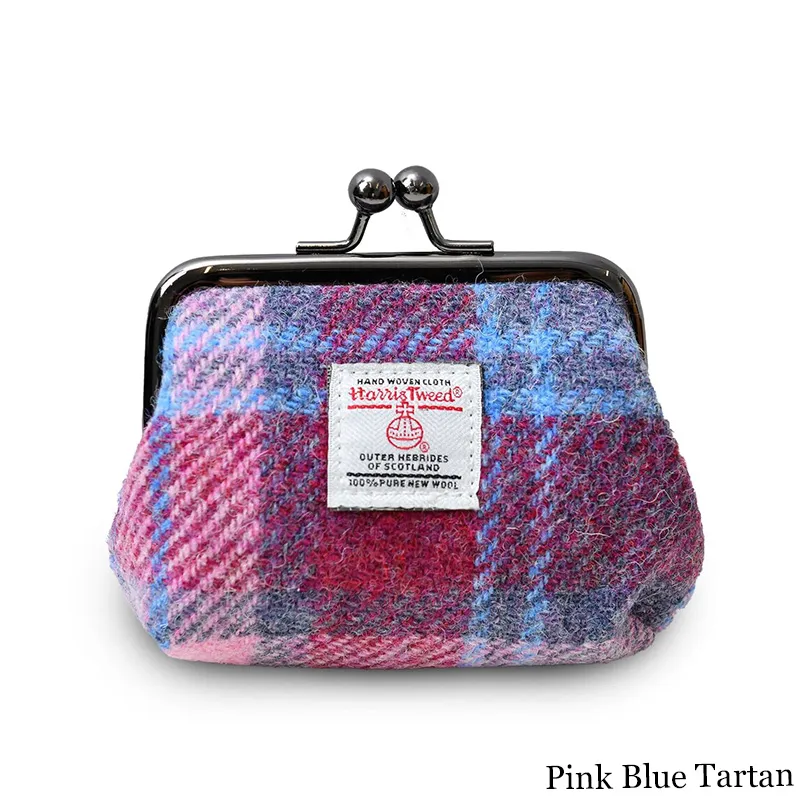 B40272 PINK AND BLUE TARTAN Colour Handwoven Harris Tweed Zip Card Wallet Gaelsong