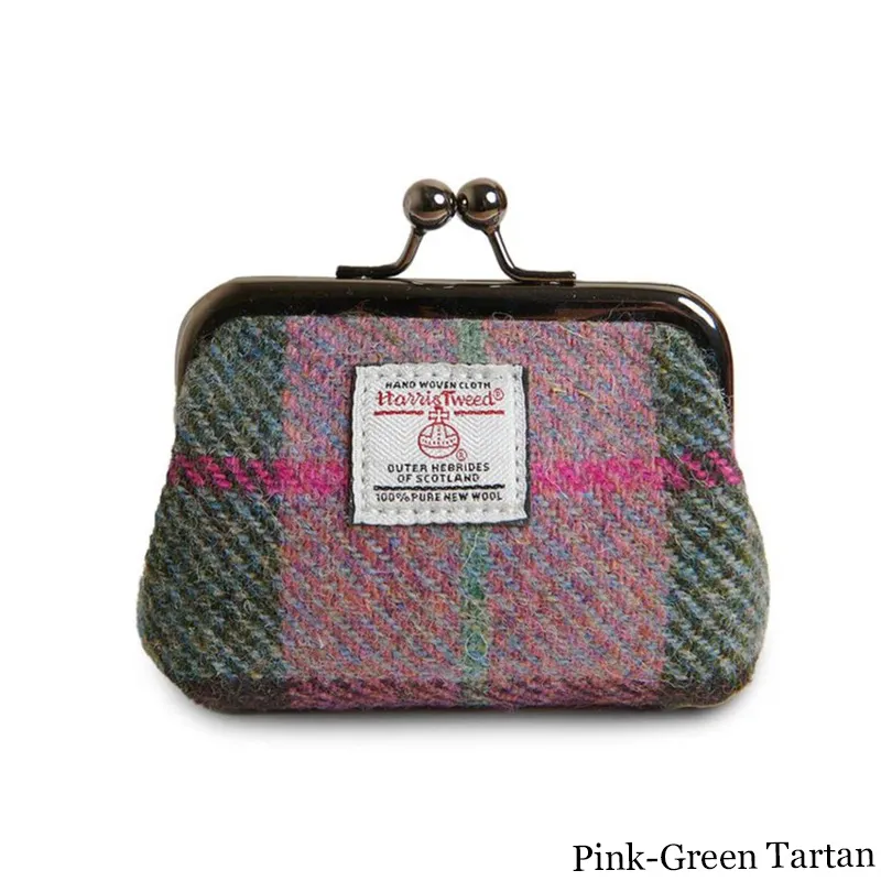 B40272 PINK-GREEN TARTAN Colour Handwoven Harris Tweed Zip Card Wallet Gaelsong