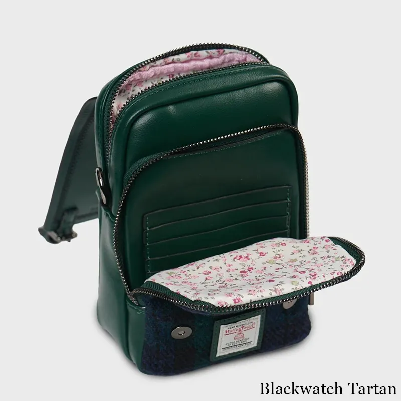 B40273 BLACKWATCH TARTAN Colour Handmade Ladies Harris Tweed Crossbody Bag- Mini Pockets View Gaelsong
