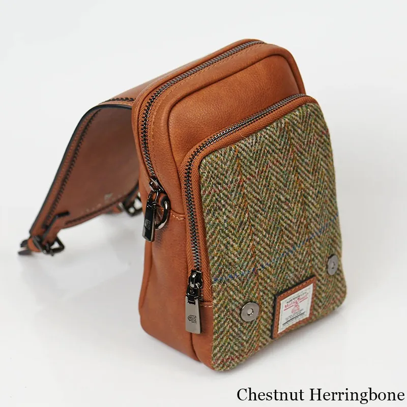 B40273 CHESTNUT HERRINGBONE Colour Handmade Ladies Harris Tweed Crossbody Bag- Mini Pockets View Gaelsong