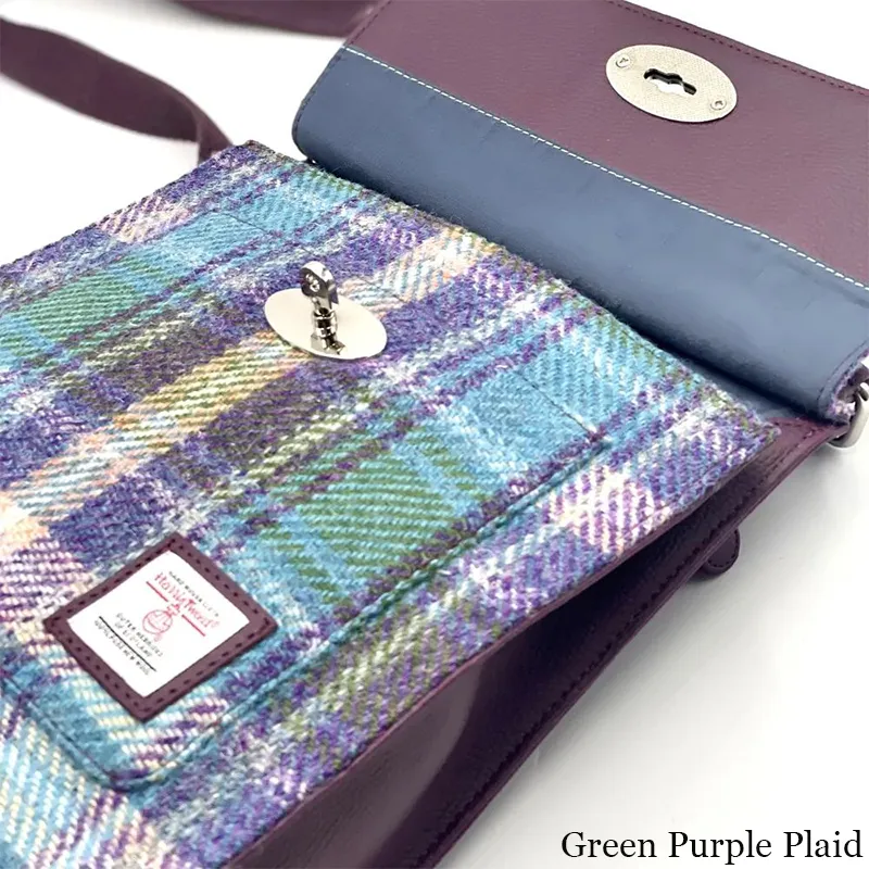 B40274 GREEN PURPLE PLAID Colour Authentic Harris Tweed Purse for Ladies Closeup View Gaelsong