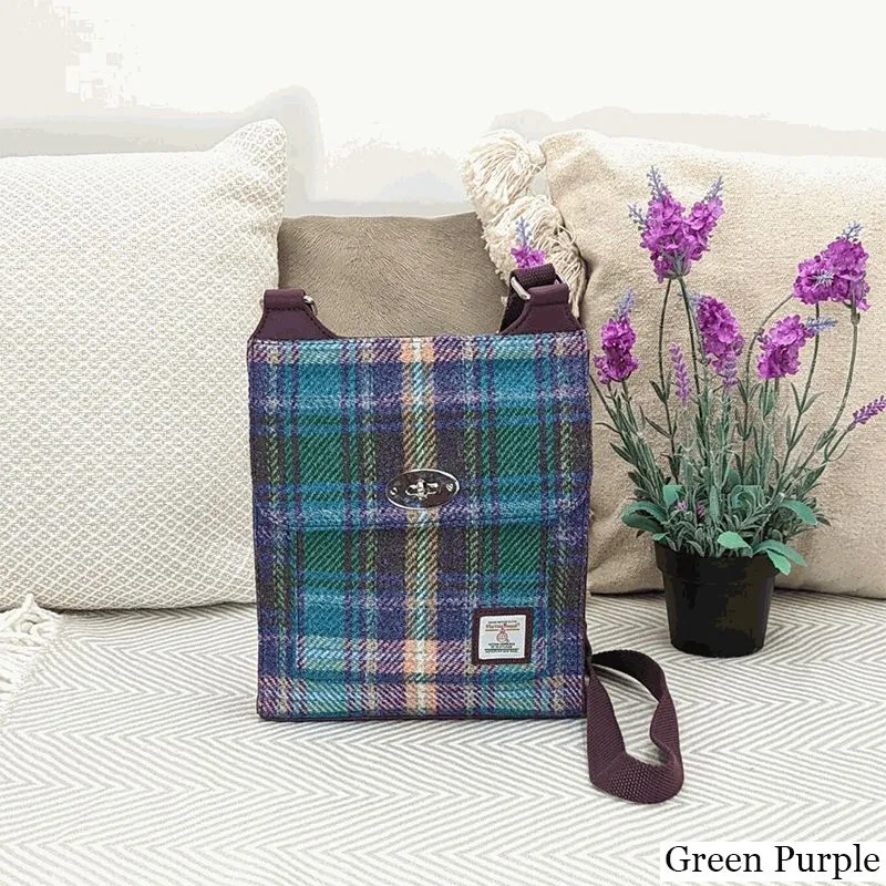 B40274 GREEN PURPLE PLAID Colour Authentic Harris Tweed Purse for Ladies Closeup View Lifestyle  Gaelsong