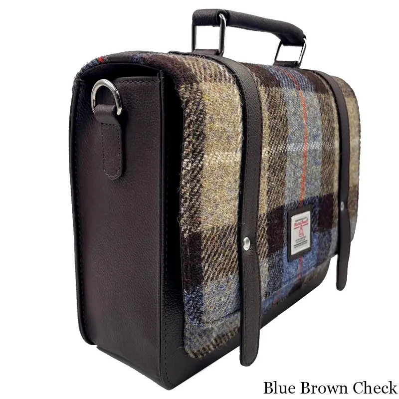 B40275 BLUE BROWN CHECK Colour Handcrafted Mini Harris Tweed Messenger Bag Side View Gaelsong