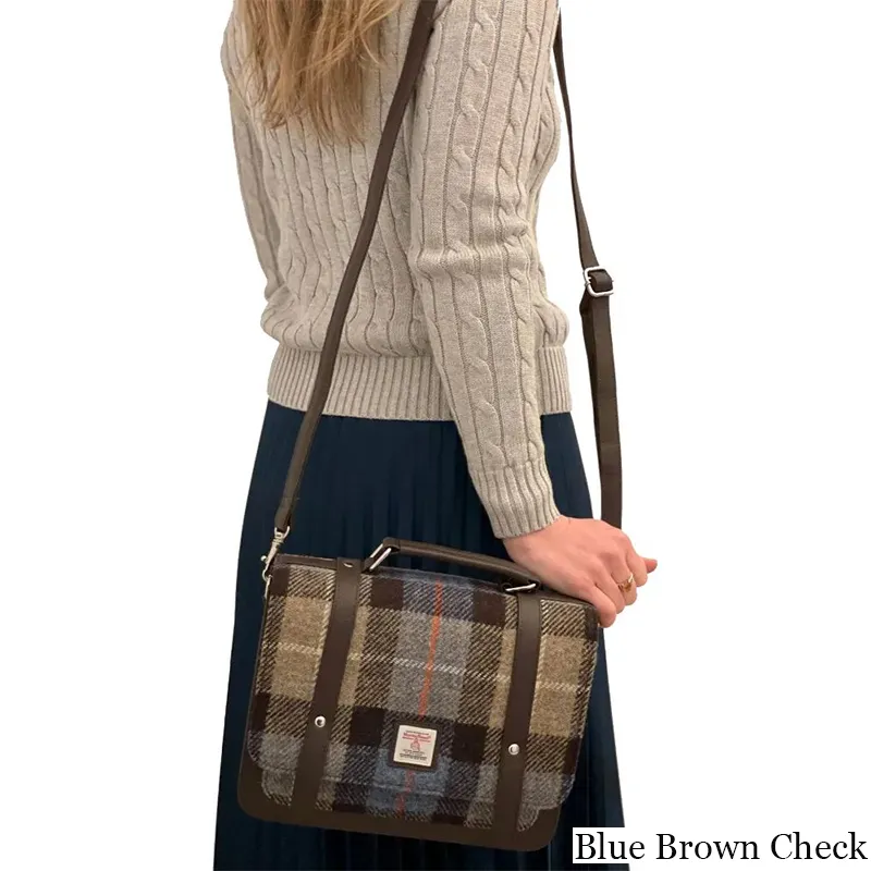 B40275 BLUE BROWN CHECK Colour Handcrafted Mini Harris Tweed Messenger Bag Lifestyle Studio Gaelsong