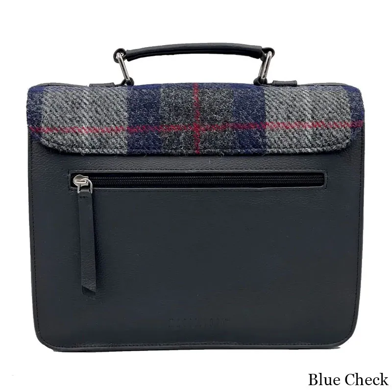 B40275 BLUE BROWN CHECK Colour Handcrafted Mini Harris Tweed Messenger Bag Back Side View Gaelsong