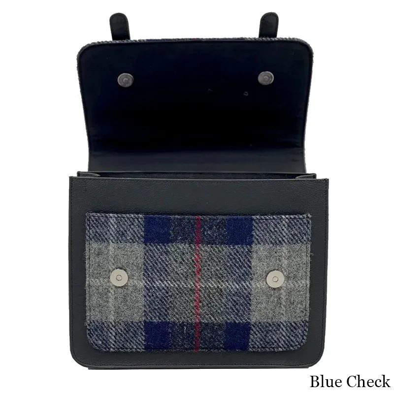 B40275 BLUE BROWN CHECK Colour Handcrafted Mini Harris Tweed Messenger Bag Open Front View Gaelsong