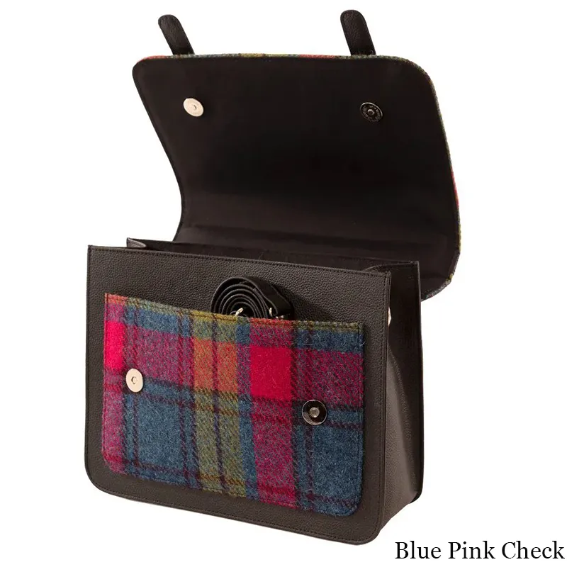 B40275 BLUE PINK CHECK Colour Handcrafted Mini Harris Tweed Messenger Bag Open Front View Gaelsong