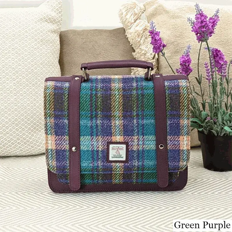 B40275 GREEN PURPLE PLAID Colour Handcrafted Mini Harris Tweed Messenger Bag Lifestyle Gaelsong