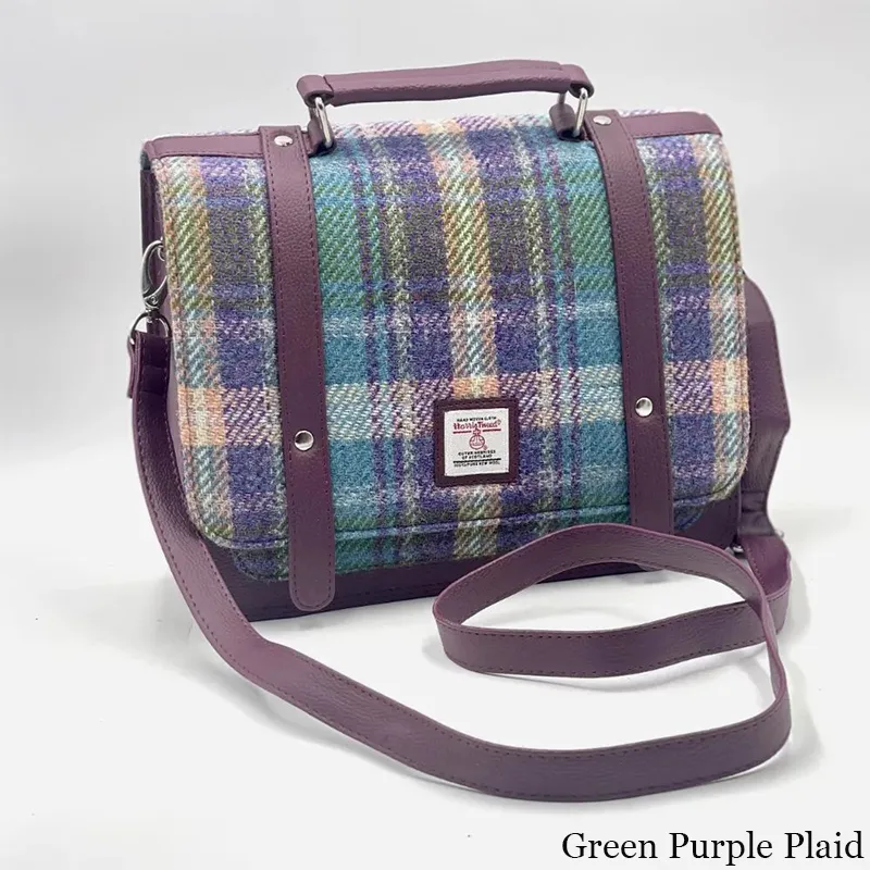 B40275 GREEN PURPLE PLAID Colour Handcrafted Mini Harris Tweed Messenger Bag Gaelsong